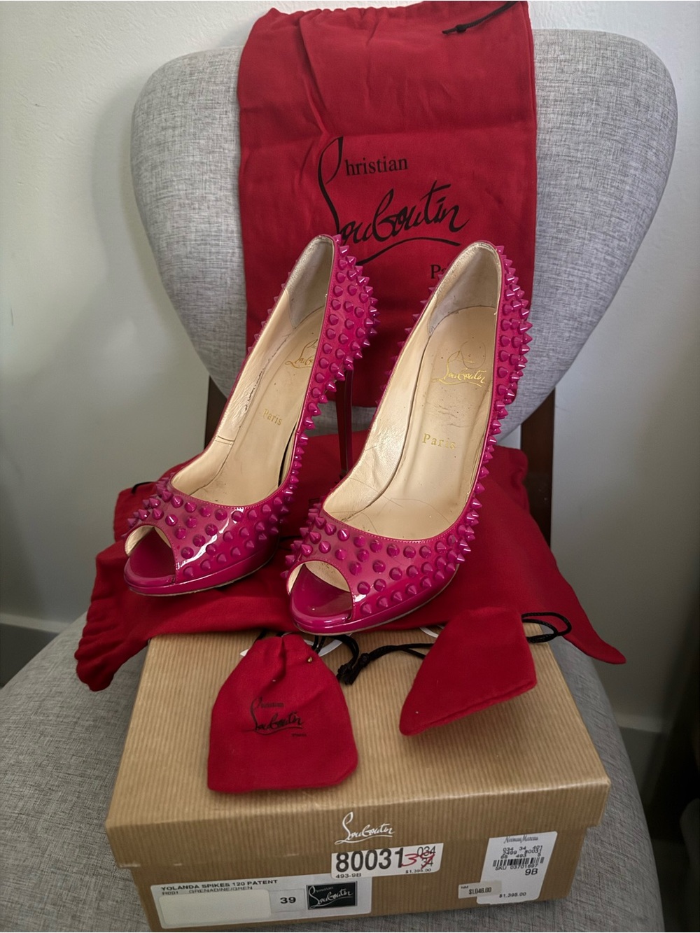 Christian Louboutin Hot Pink Spiked Peep-Toe Pumps Sz 39